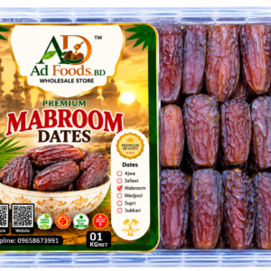 Premium Mabroom dates arranged in a clear plastic container with AD Foods BD label