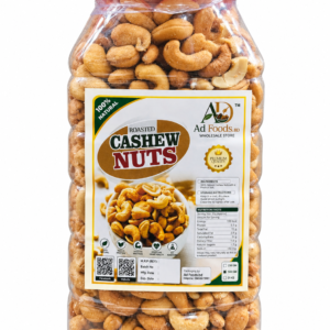 AD Foods BD roasted cashew nuts in a clear jar with red lid