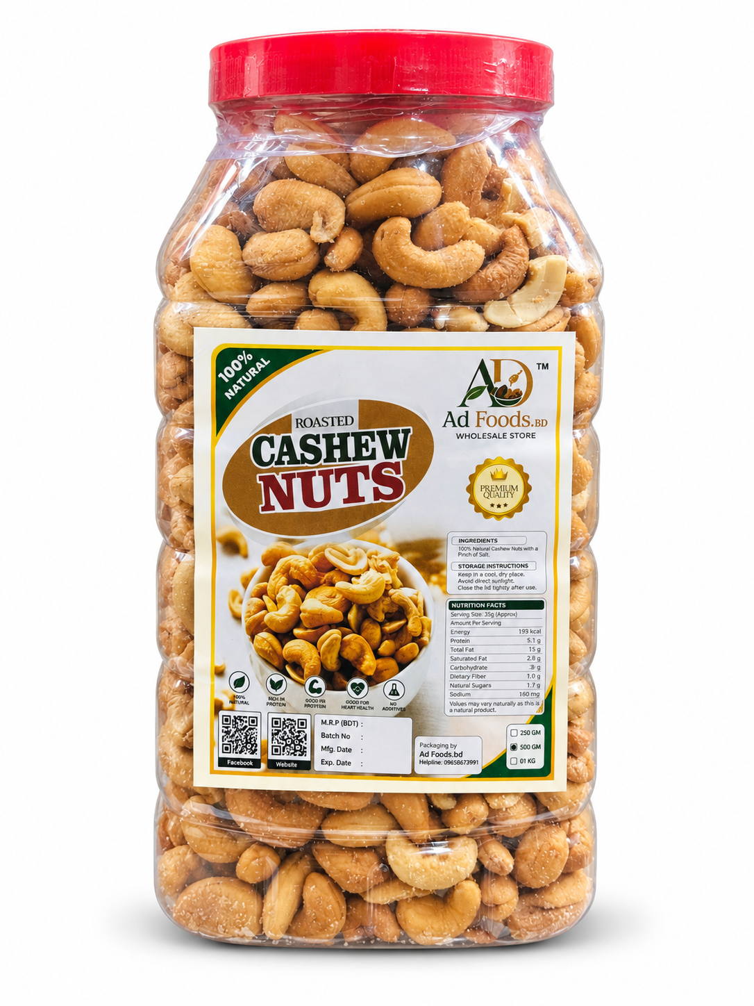 AD Foods BD roasted cashew nuts in a clear jar with red lid