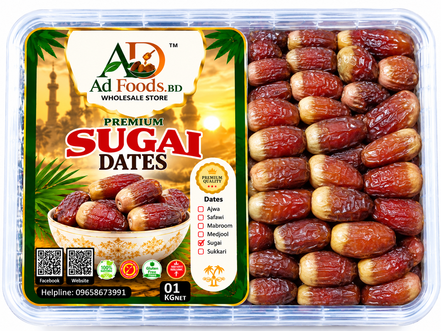 Premium Sugai dates in a clear plastic container with AD Foods BD label