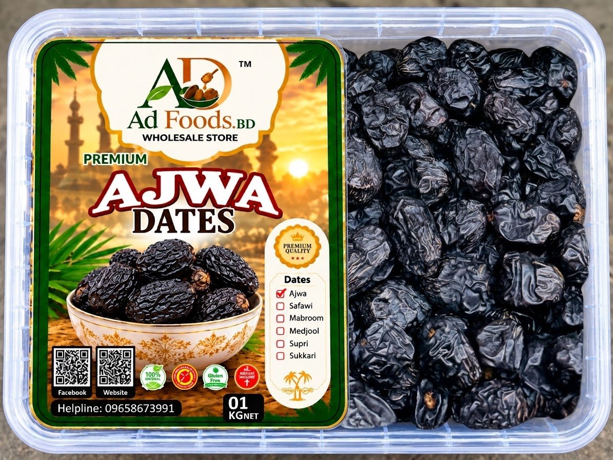 Dark Ajwa dates in a clear plastic container with AD Foods BD label