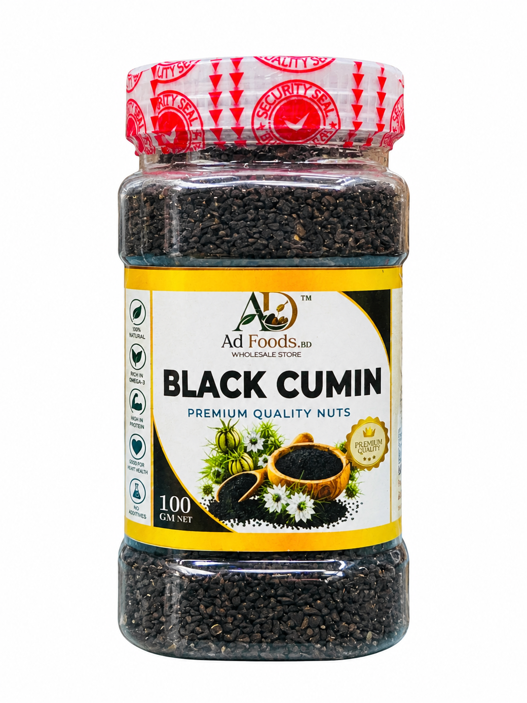 AD Foods BD premium black cumin seeds in a transparent jar