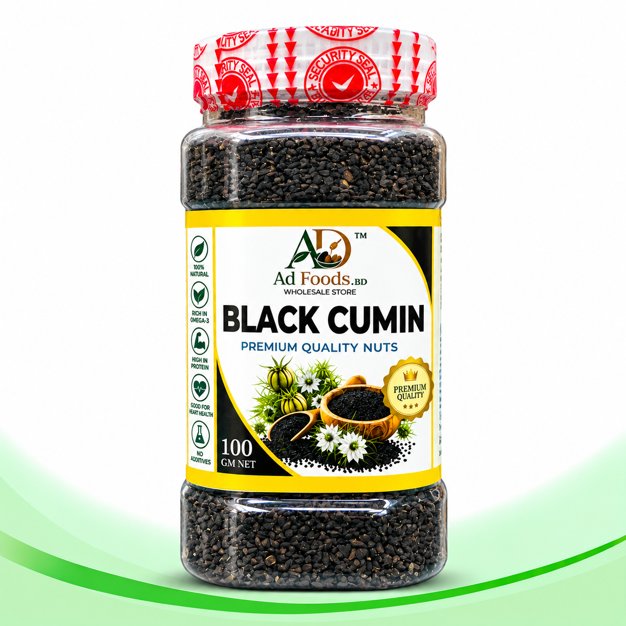 AD Foods BD premium black cumin seeds in a transparent jar