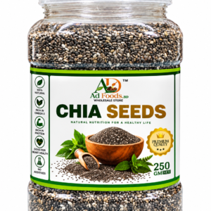 Premium chia seeds 250g in a clear jar with AD Foods BD label