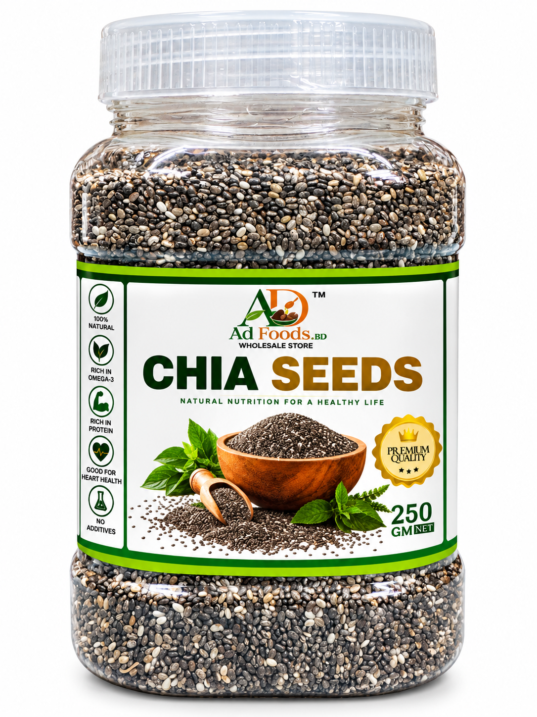 Premium chia seeds 250g in a clear jar with AD Foods BD label