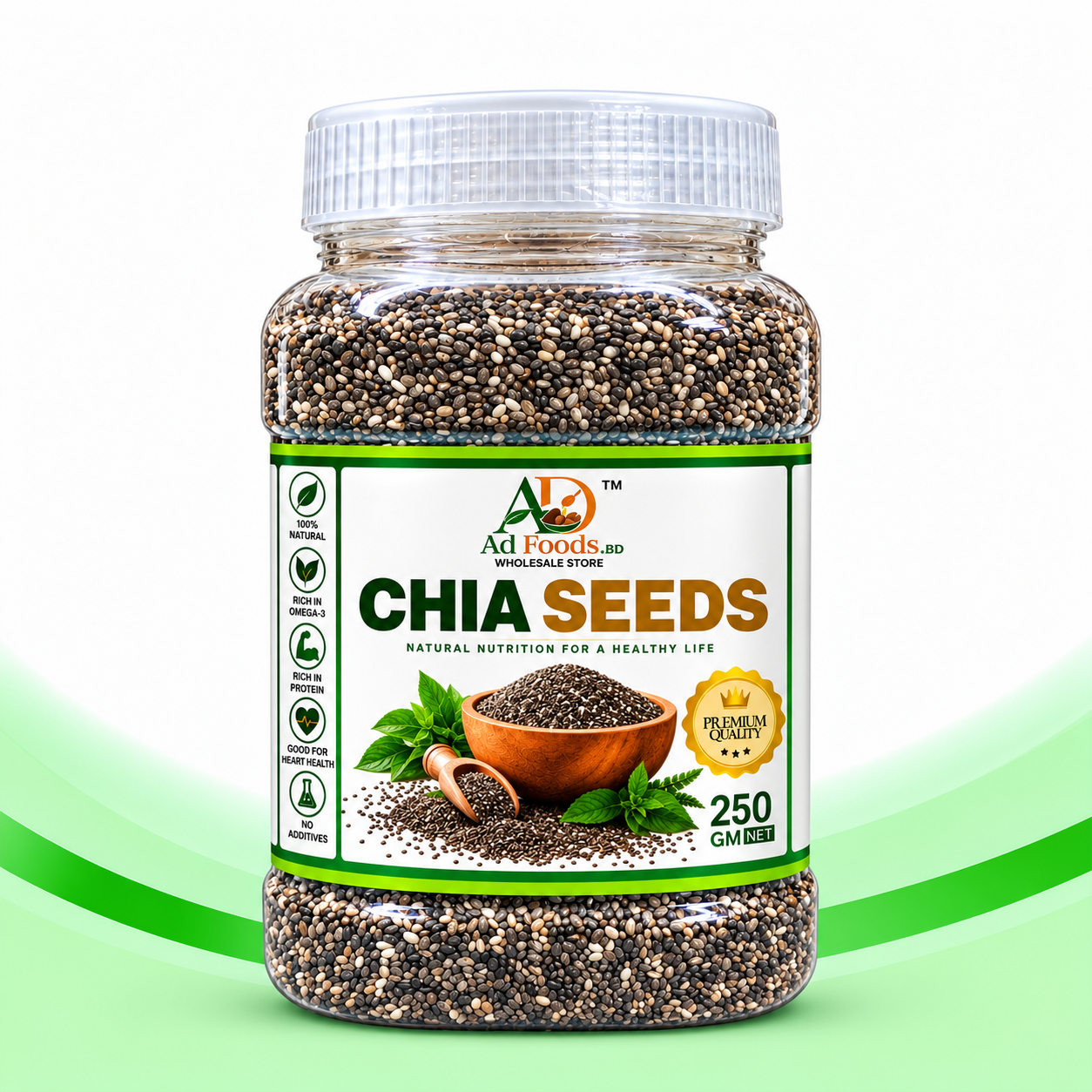 AD Foods BD premium chia seeds 1kg in a clear jar with yellow lid