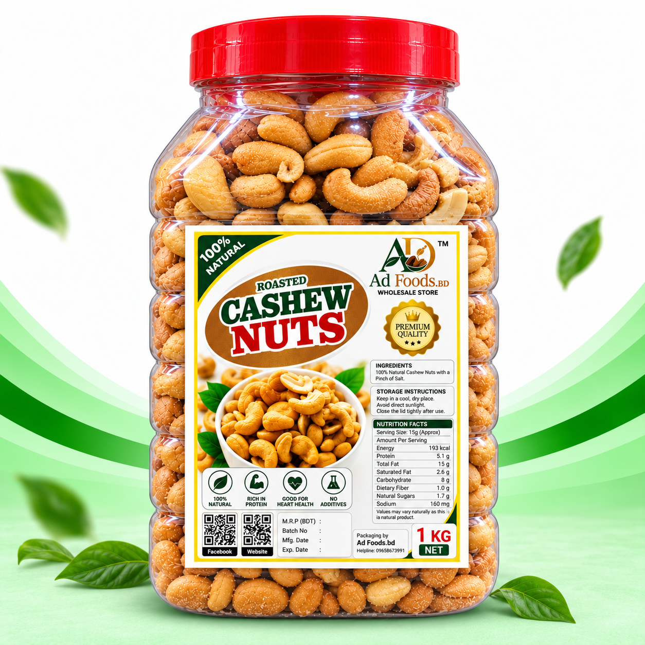 AD Foods BD roasted cashew nuts in a clear jar with red lid